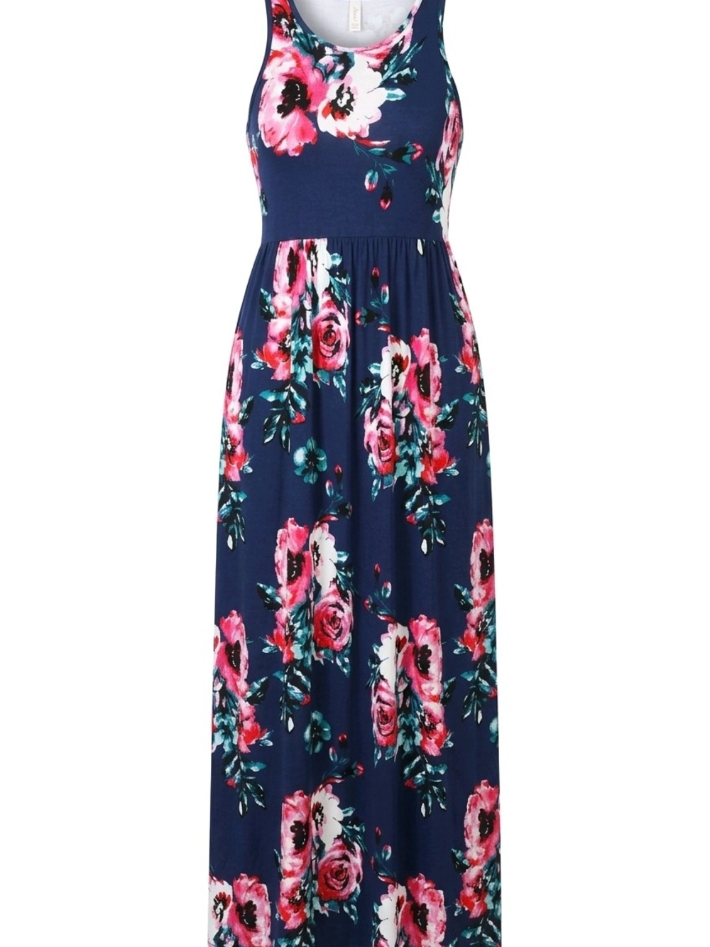 Floral Navy Maxi Dress with Pink Rose Print with Pockets